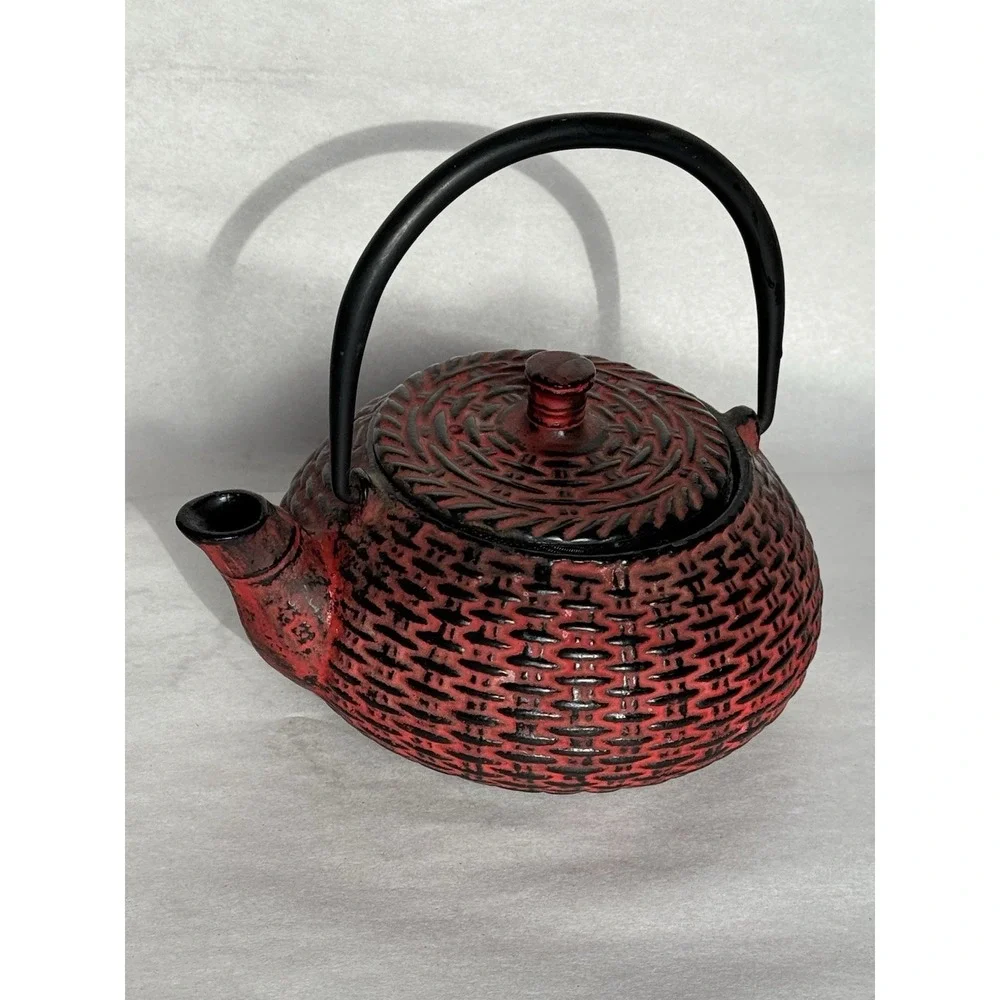 Red Cast Iron Tetsubin Style Teapot Enameled Interior Tea Pot w/ Infuser VTG